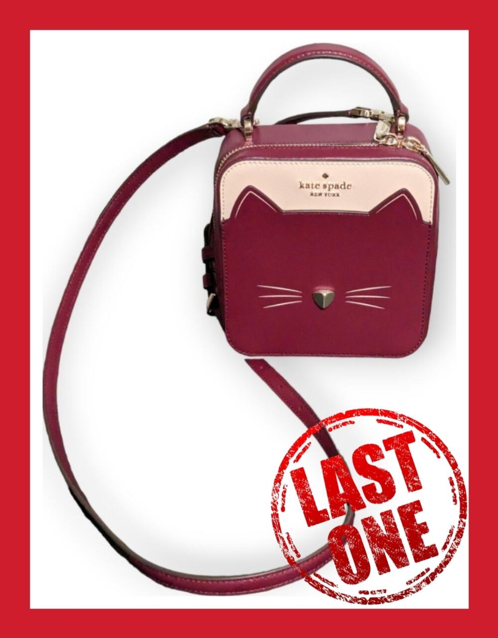 NWOT Kate Spade Daisy Vanity Meow Cat Leather Crossbody Bag Burgundy Small